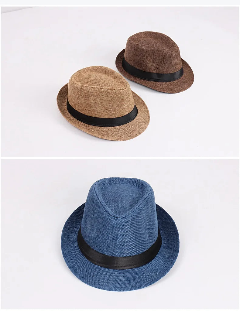 Jazz Hat British Style Linen Solid Color Hat for Men and Women Rolled Brim Couple Style Sun Hat Paper Straw Hat