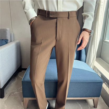 Spring Autumn New Elastic Waist Casual Trousers Male High Waist Dark Striped Slim Fit Pants Men Business Formal Casual Suit Pant