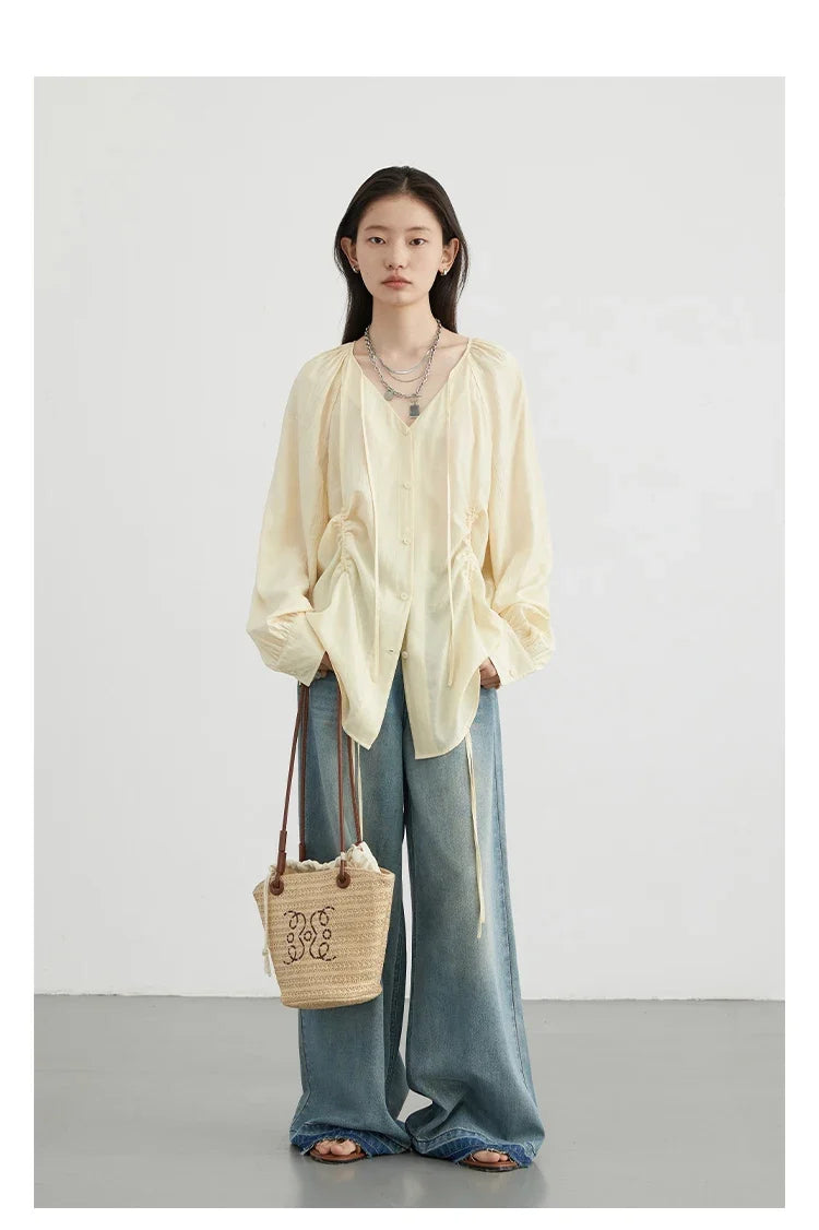 Women Loose Lace Up Shirt Solid New Korean V-neck Pleated Raglan Long Sleeved Blouses Female Tops Spring Summer 2026