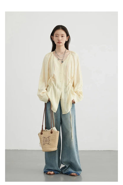 Women Loose Lace Up Shirt Solid New Korean V-neck Pleated Raglan Long Sleeved Blouses Female Tops Spring Summer 2026