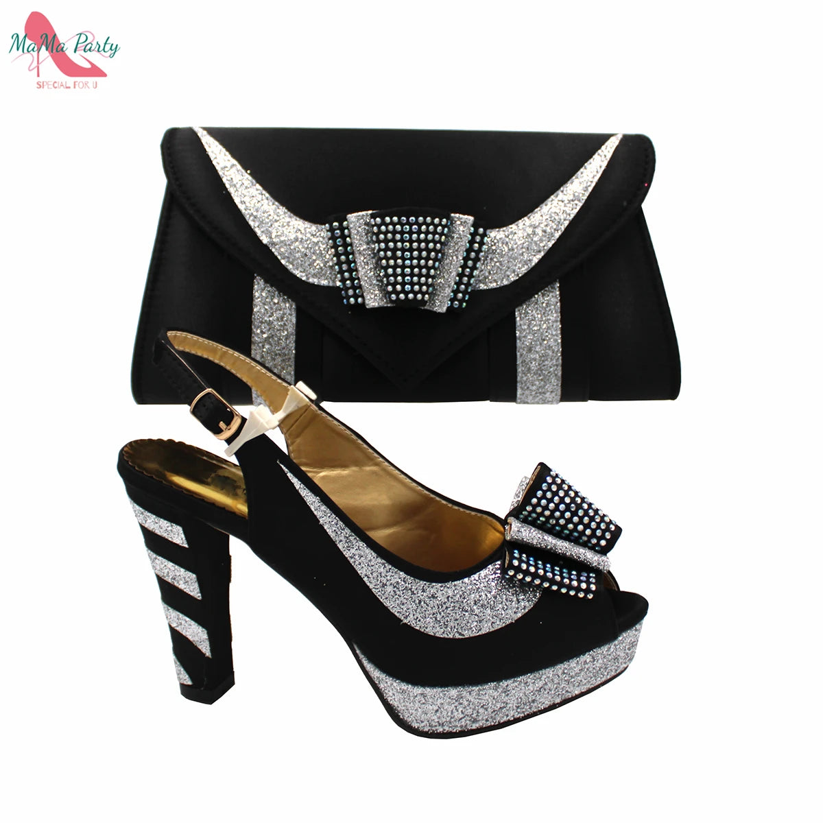 2021 Specials Design Black Color Nigerian Women Shoes and Bag Set High Quality Slingback Sandals with Appliques for Wedding