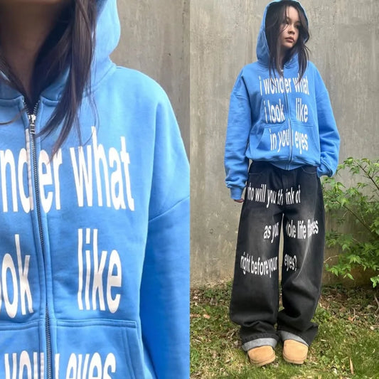 Personalized letter printed zipper sweatshirt long sleeved pullover hoodie retro jacket street trend