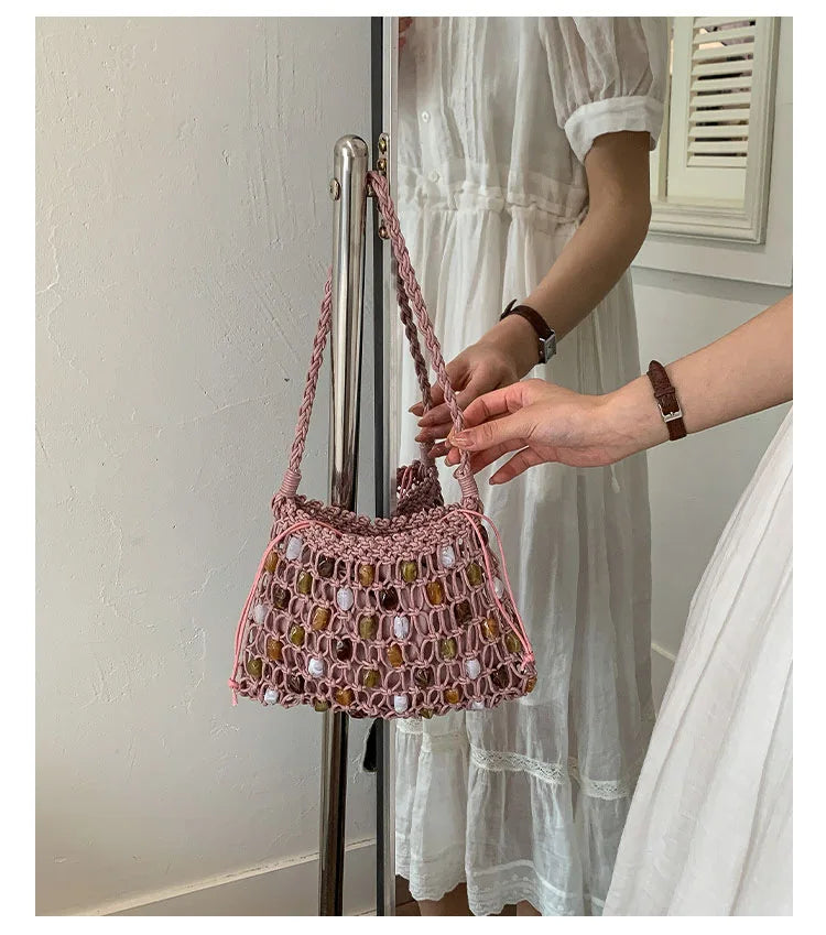 Hollow Beading Women Shoulder Bag Rope Knitting Handbags Bohemian Crochet Mesh Bags for Women Small Woven Beach Bag Flap Tote