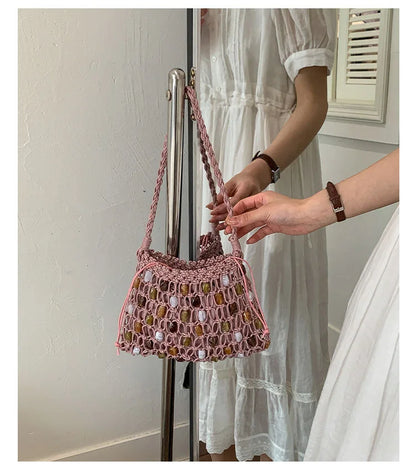 Hollow Beading Women Shoulder Bag Rope Knitting Handbags Bohemian Crochet Mesh Bags for Women Small Woven Beach Bag Flap Tote