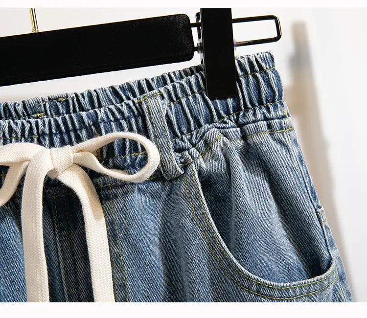 High Waist Wide Leg Cotton Denim Dstring Loose Fit Women's Autumn 2024 Slimming Effect Pure Cotton Casual Trousers