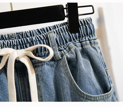 High Waist Wide Leg Cotton Denim Dstring Loose Fit Women's Autumn 2024 Slimming Effect Pure Cotton Casual Trousers