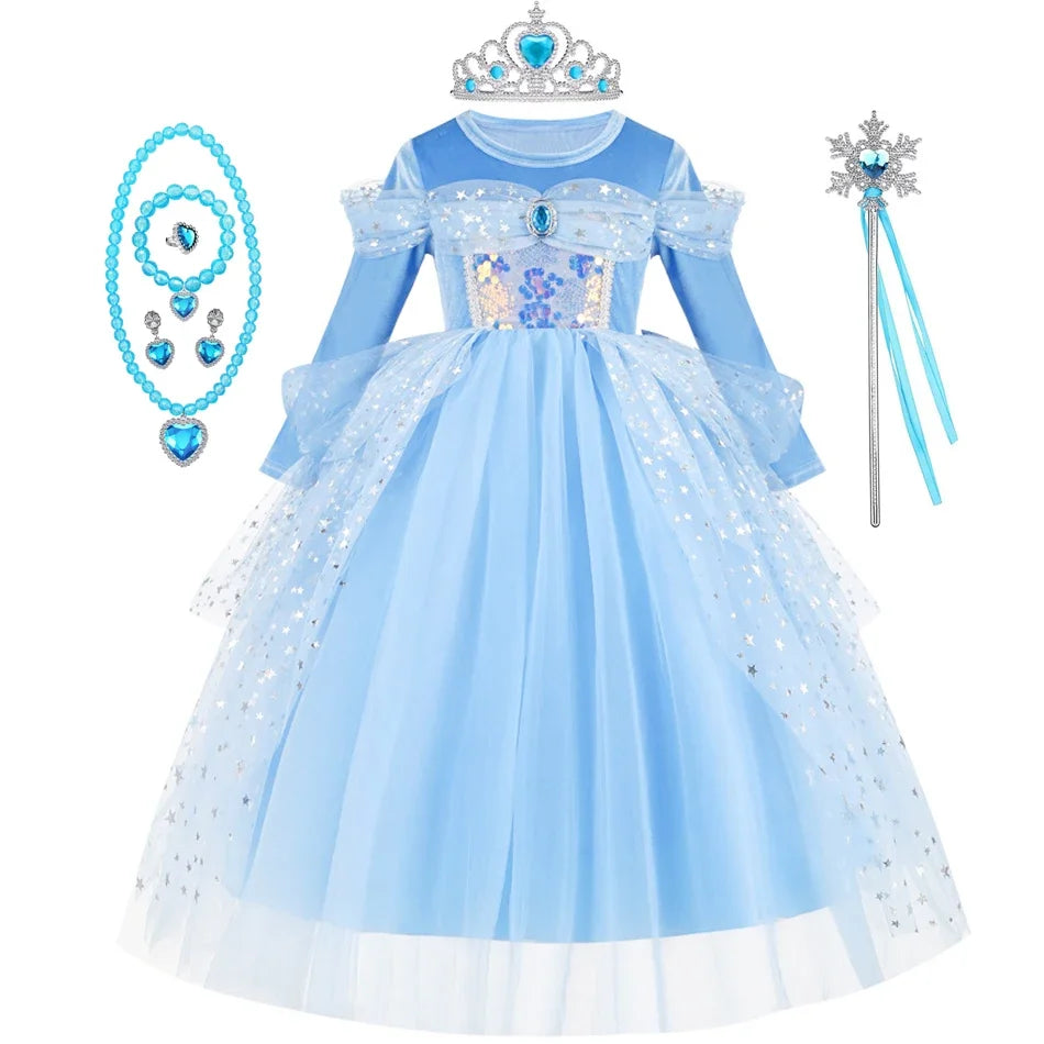 Girl Cinderella Dress Long Sleeve Princess Cosplay Costume Blue Sequin Children Bithday Surprise Kids Ball Gown