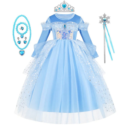 Girl Cinderella Dress Long Sleeve Princess Cosplay Costume Blue Sequin Children Bithday Surprise Kids Ball Gown