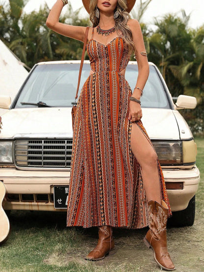 Deep V-Neck Backless Sling Dress with Thigh High Slit, Floral Print Beach Holiday Party Maxi Dress, Summer Women's Clothing