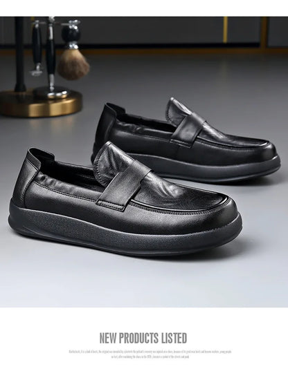 Spring Summer New Genuine Leather Shoes Men Solid Color Fashion Loafers Male Soft Sole Anti-slip Height-increasing Loafers Man