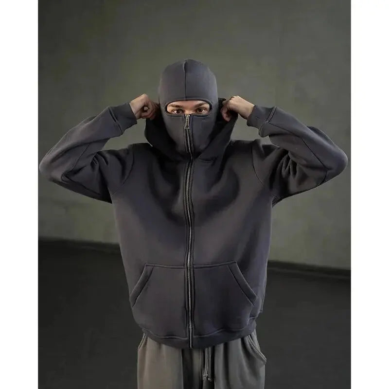 Men and women Y2K Gothic Harajuku winter new item double hooded sweatshirt men's hooded mask zipper sportswear