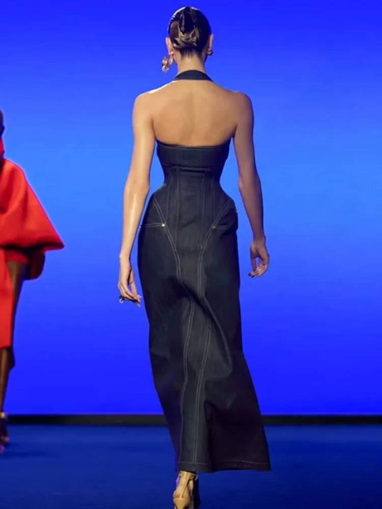 2025 New Women Celebrity Sexy Backless Halter Blue Zipper Denim Maxi Long Gowns Dress Elegant Evening Party Club Vestido