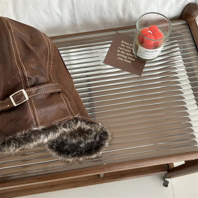 Korean Version Retro Plush Pilot Bomber Hats for Men and Women Ins 2023 Winter Thickened Warm PPU Leather Windproof Ski Caps