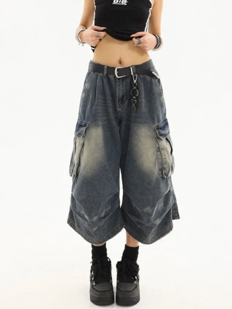 High Waist  Retro Blue Washed Denim Shorts Women's Harajuku Vintage Fashion Casual Loose Y2K Streetwear Wide Leg Cropped Pants