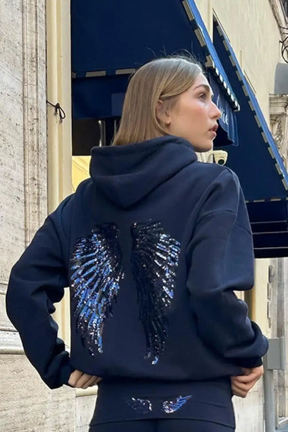 Female Sequined Wing Print Pattern Hoodie Autumn Fashion Classical Hooded Sweatshirt 2025 Loose Elegant Versatile Warm Pullover