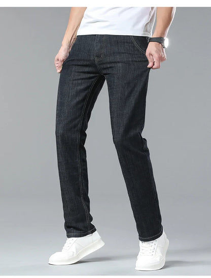 Light Blue Classic Business Casual Cotton Pants Fashion Breathable Denim Elastic Trousers Brand Men's Clothing Straight Jeans