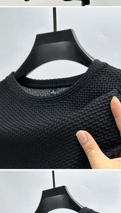 Men Ice Silk Bamboo Mesh T-shirt Summer Elastic Short Sleeve Round Neck Tees Casual Slim Fit Basic Tops Trendy Male Daily Streetwear Shirts