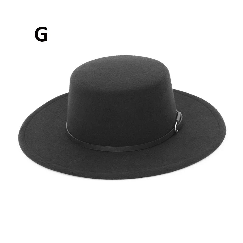 Elegant Wide Brim Fedora Hat for Women Men Flat Top Boater Hat Belt Buckle Fedoras Church Panama Hats