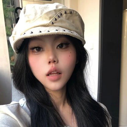 Black Studded Beret Cap with Rivet Trim Edgy Style Hat for Outdoor Travel Hiking Camping Berets