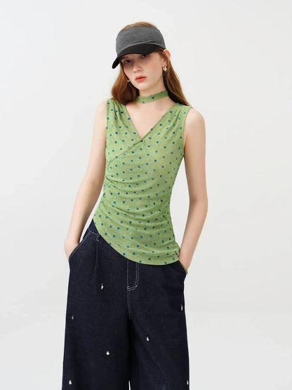 Women's 2026 Summer New Polka Dot V-Neck Waist Tie Camisole Top | Elegant Sleeveless Blouse for Beach Vacation Outfits Tops