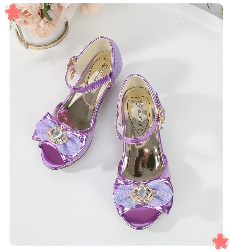 Girls Princess Sandals Summer Open-toe Elegant Children High Heels Fashion Sequins Crown Kids Causal Glitter Wedding Dress Shoes