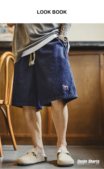 Men's Washed Denim Blue Jean Shorts American Retro Workwear Embroidered Straight Five Inch Thin Casual Summer Bottoms