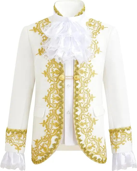 Boys Golden Flower Jacket Pants Tie 3PS Drama Dress Kids Prince Charming Cosplay Costume Children Performance Photograph Suit