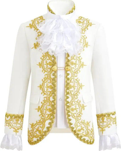 Boys Golden Flower Jacket Pants Tie 3PS Drama Dress Kids Prince Charming Cosplay Costume Children Performance Photograph Suit