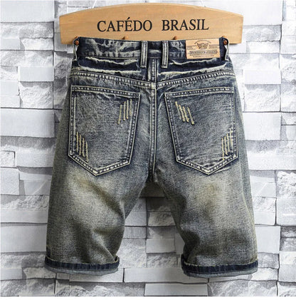 Brand Clothing New Summer Ripped Hole Denim Shorts Men Cotton Thin Straight Retro Biker Knee Length Short Jeans Male Streetwear
