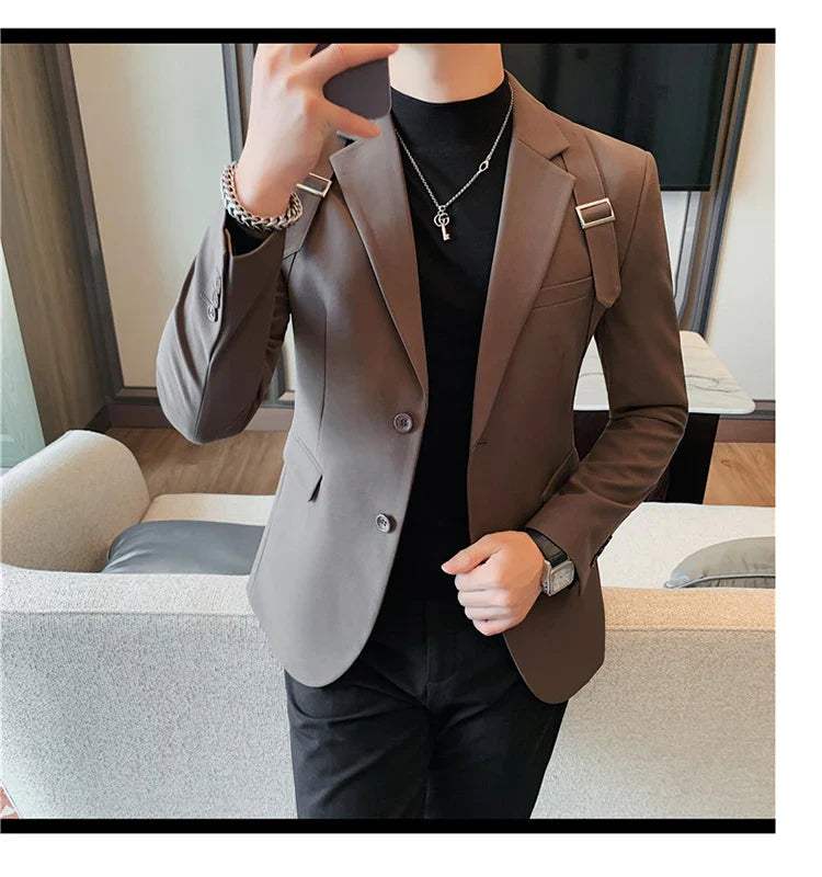 2024 Autumn Winter New Strap Decoration Suit Jacket for Men Fashion Slim Casual Business Blazers Groom Wedding Social Tailcoat