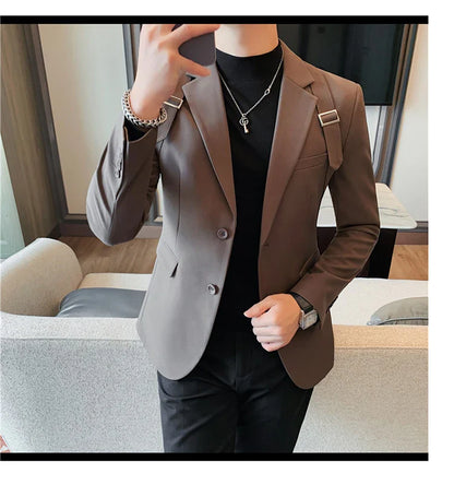 2024 Autumn Winter New Strap Decoration Suit Jacket for Men Fashion Slim Casual Business Blazers Groom Wedding Social Tailcoat