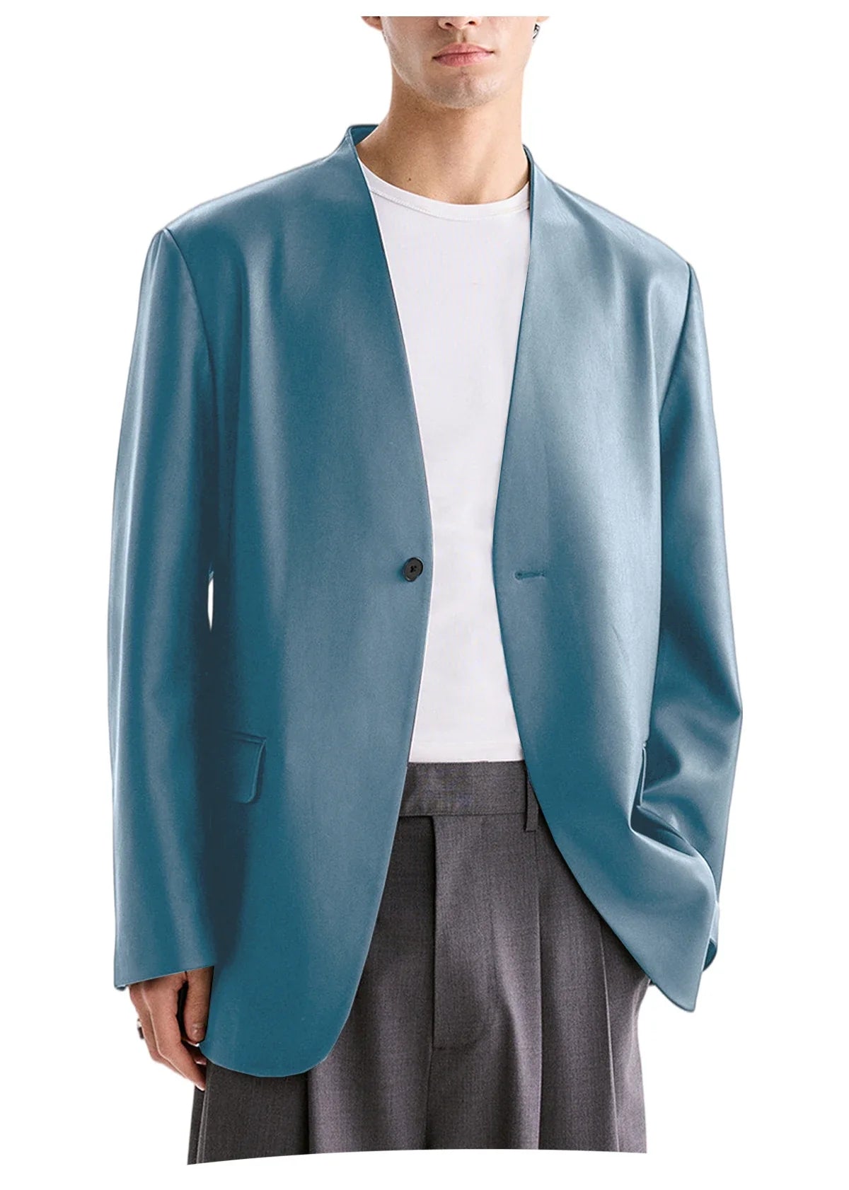 Luxury Men's PU Leather Blazer Collarless Jacket Loose 1 Button Elegant Solid Color Coat for Party Wedding Office Daily Wear