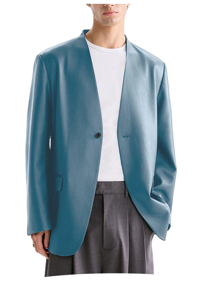 Luxury Men's PU Leather Blazer Collarless Jacket Loose 1 Button Elegant Solid Color Coat for Party Wedding Office Daily Wear