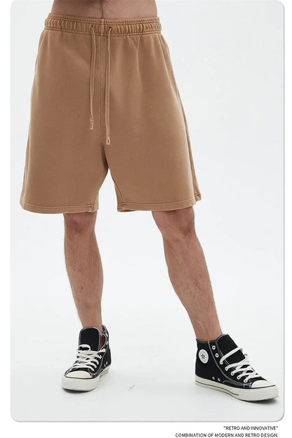 Fashion Summer Men 420gsm Washed Cotton Shorts Retro Unisex High Street Terry Knee Length Short Pants Streetwears HY0845