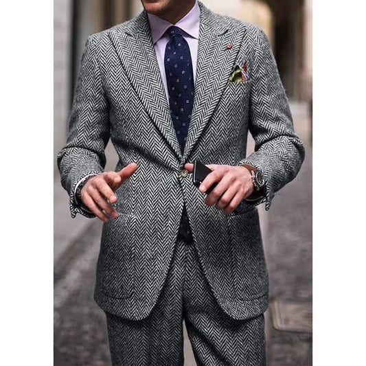 Men's Herringbone Two-Piece Suit Notch Lapel Single-Breasted Slim Fit Comfortable Waist Casual Elegant Business Suit Set Formal