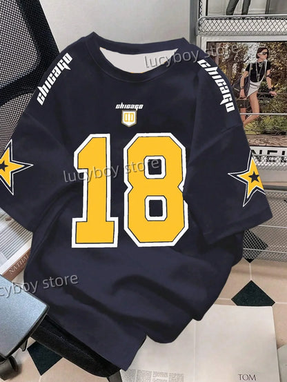 Mens 3D Number 18 Printed Short Sleeve T Shirt Man V Neck Sportwear Brooklyn Racing Football Tee Vintage Casual Tops Men Clothes