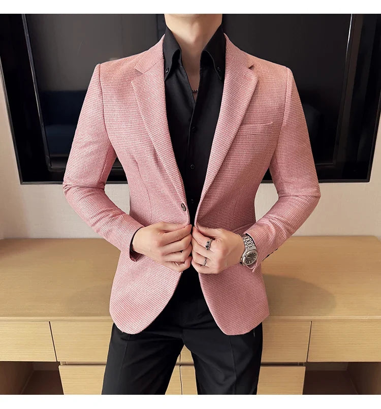 Bright Silk Thousand Bird Grid Suit Jacket Korean-style Business Fashion Slim Fit Single Breasted Men Social Party Dress Coats