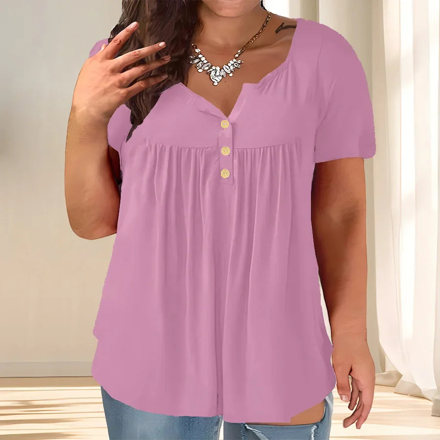 Solid Color Button Front Tee, Casual Fashion Short Sleeve Scoop Neck T-shirt for Summer
