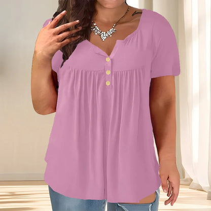 Solid Color Button Front Tee, Casual Fashion Short Sleeve Scoop Neck T-shirt for Summer