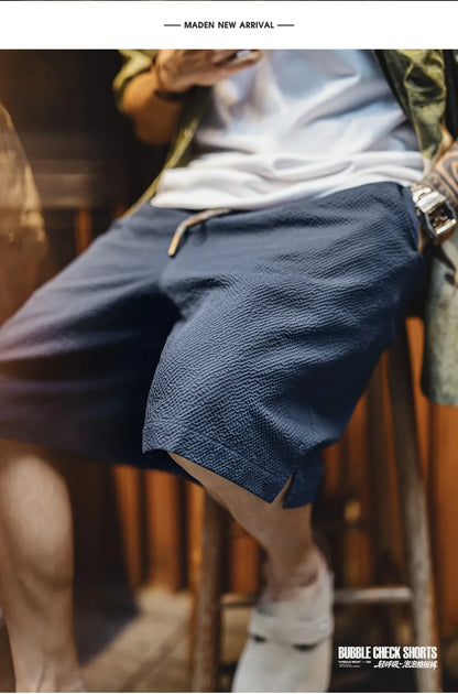 Men's Lightweight Seersucker Solid Shorts Texture Straight Five Inch Thin Breathable American Retro Workwear Casual Summer