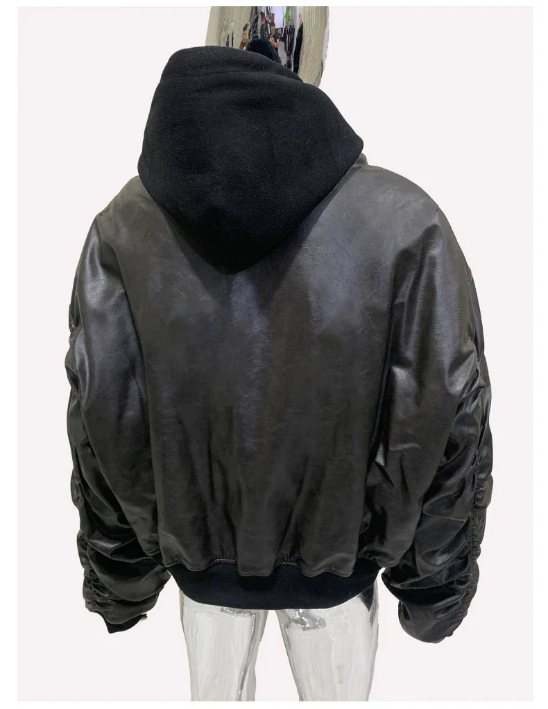 Spring Oversized Vintage Black Faux Suede Leather Jacket Men Zipper Fake 2 Piece Luxury Designer Clothes Hoodie 2024