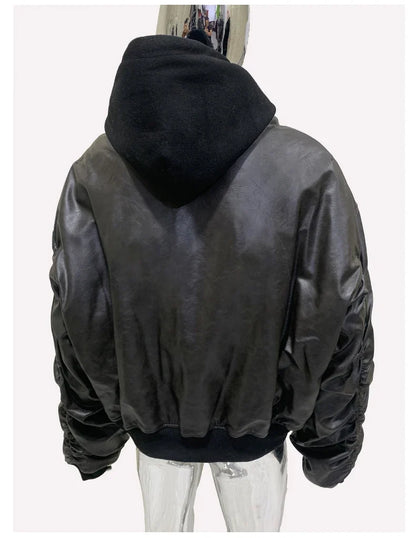 Spring Oversized Vintage Black Faux Suede Leather Jacket Men Zipper Fake 2 Piece Luxury Designer Clothes Hoodie 2024
