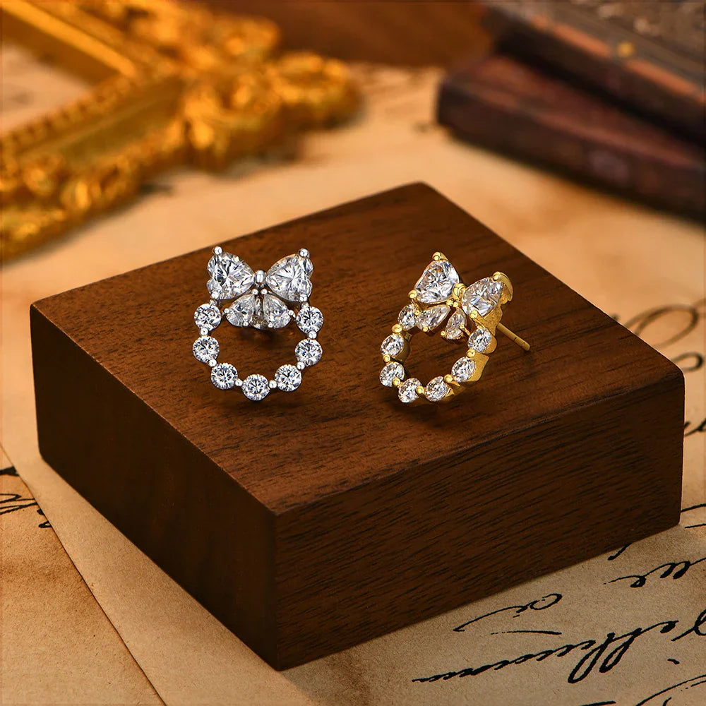 Heart Moissanite Earrings Bow Wreath Design S925 Silver 18k Gold Engagement Jewelry for Women Birthday Gifts Wholesale