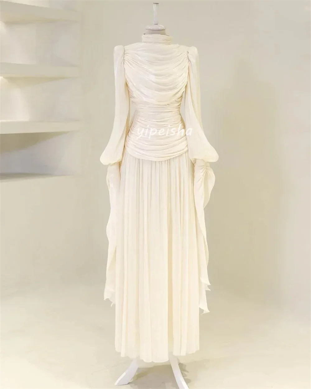 Customized Modern Style Intricate Pleat Ruched Draped A-line High Collar Long Dresses Bespoke Occasion Dresses Sizes Available