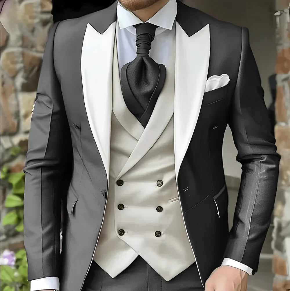 Men's Elegant Peak Lapel Tuxedo 3-Piece Suit with Blazer Vest Formal Men's Suit for Business Prom Business Dinner