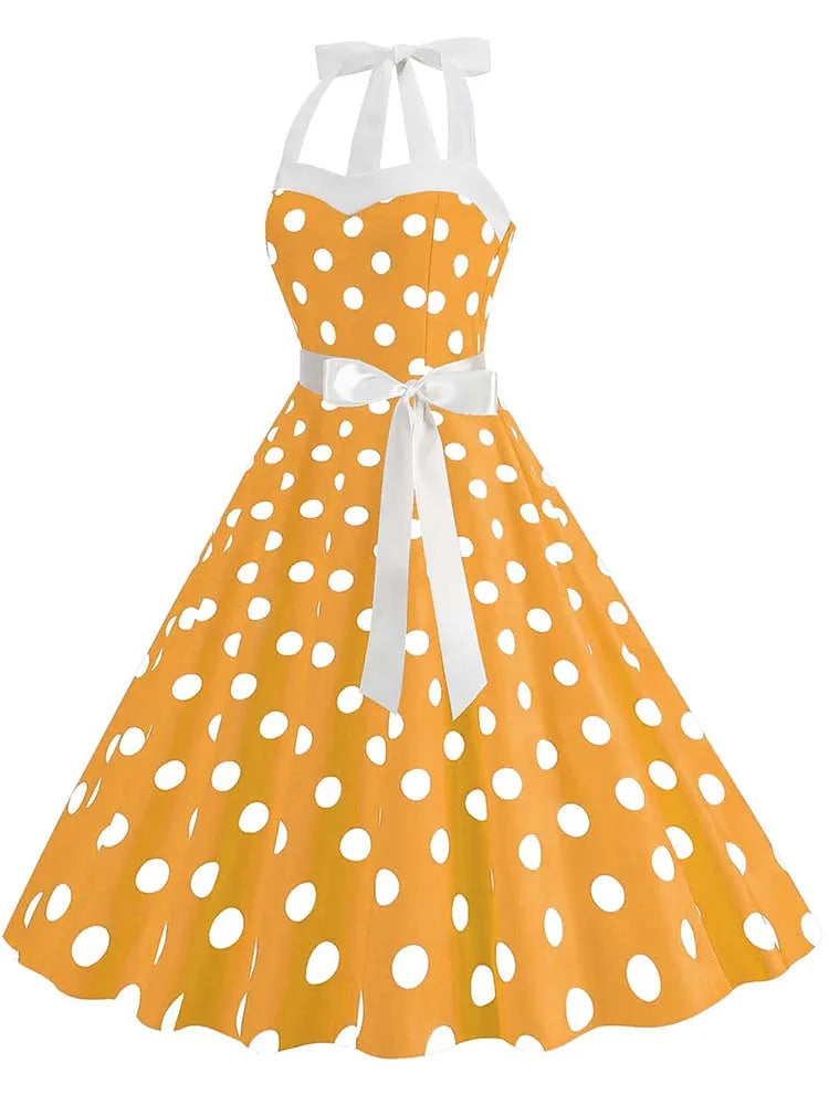 Women Summer Party Dress With Belt Polka Dot Print Halter Hepburn Robe 50s 60s Vintage Dresses