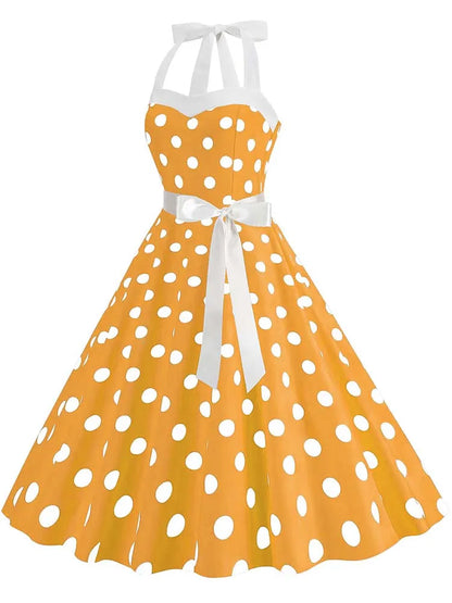 Women Summer Party Dress With Belt Polka Dot Print Halter Hepburn Robe 50s 60s Vintage Dresses