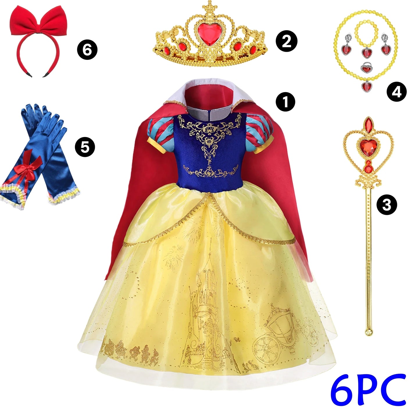 Deluxe Snow White Gown Set with Accessories Princess Costume Fairy Cosplay for Girls Kids Toddler Carnival Party Vestido