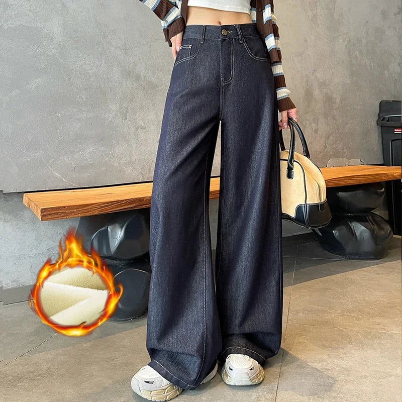 Wide Legs Fleece Jeans Women Winter Loose Velvet Casual Pants Comfortable Warm Straight Fashion Pocket Plush Denim Trousers