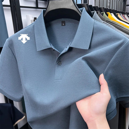 100% men's summer luxury brand polo shirt lapel geometric printing short sleeves t-shirt outdoor leisure men clothing tops
